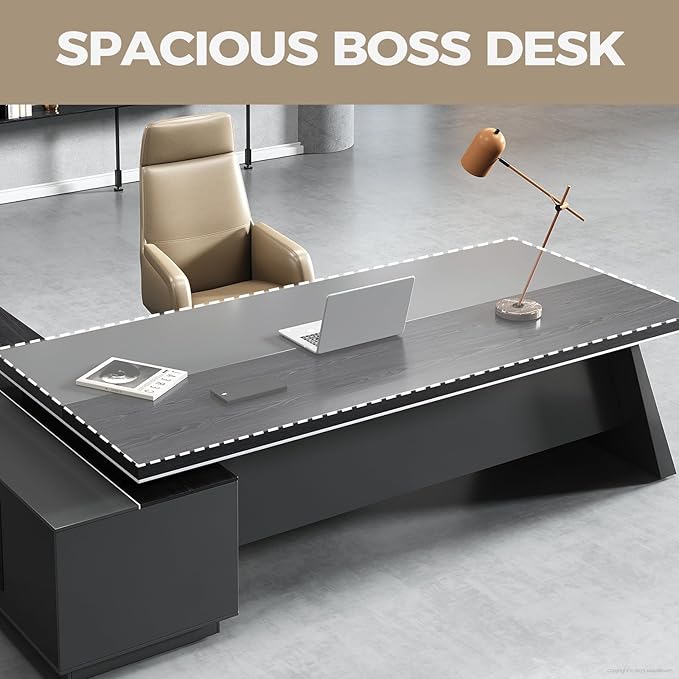 Modern L Shape Executive Desk with Storage Drawers – Large Black Corner Office Desk for Home Workspace, Spacious Executive Desk with Cabinets (Black/Right, 87" L * 63" W * 30" H)