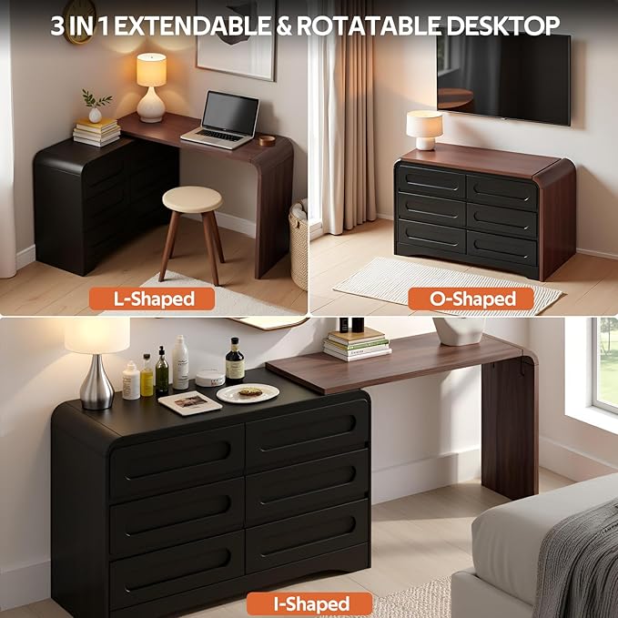 6 Drawer Dresser with Extendable Table, L-Shaped Desk & Vanity Combo, 47" Wood Dresser & Chest of Drawers, Modern Closet Clothes Storage Dressers Organizer for Bedroom Living Room Hallway, Black