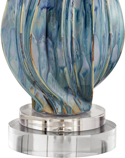 Possini Euro Design Teresa Coastal Modern Table Lamp with Round Riser 32.5" Tall Blue Teal Drip Ceramic Beige Drum Shade Living Room Bedroom House Bedside Nightstand Home Office (Color May Vary)