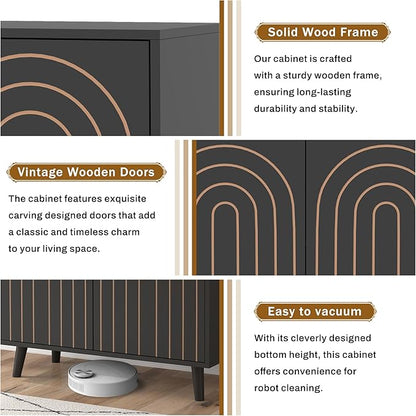 63" Sideboard Buffet Cabinet Set of 2, Modern Accent Cabinet with Carving Lines, Decorative Storage Cabinets for Bedroom Living Room Kitchen Office and Hallway (Black, 2)