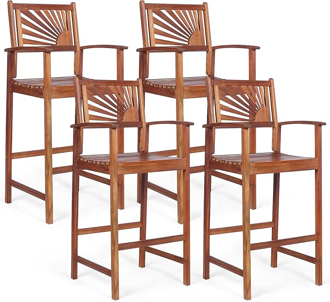 COSTWAY Bar Stools Set of 4, Outdoor Acacia Wood Bar Chairs with Sunflower Backrest, Curved Armrests & Breathable Seat, Ideal for Balcony, Sunroom, Patio, Easy Assembly