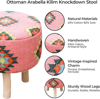 Arabella Pink Kilim Pouf Ottoman – 16" Round Handwoven upholstered Foot Stool with Washable Cover – Accent Knockdown Stool for Bedroom, Living Room, cottagecore, Boho & Farmhouse Decor