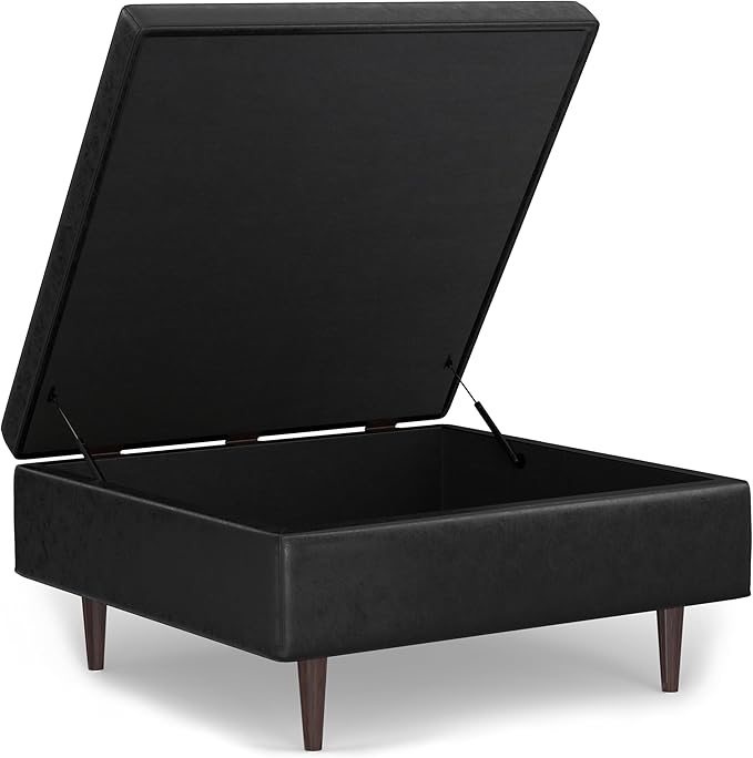 SIMPLIHOME Shay 38 inch Wide Mid Century Modern Large Square Coffee Table Storage Ottoman in Distressed Black Vegan Faux Leather, Assembled, for The Living Room and Entryway