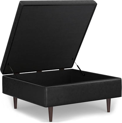 SIMPLIHOME Shay 38 inch Wide Mid Century Modern Large Square Coffee Table Storage Ottoman in Distressed Black Vegan Faux Leather, Assembled, for The Living Room and Entryway