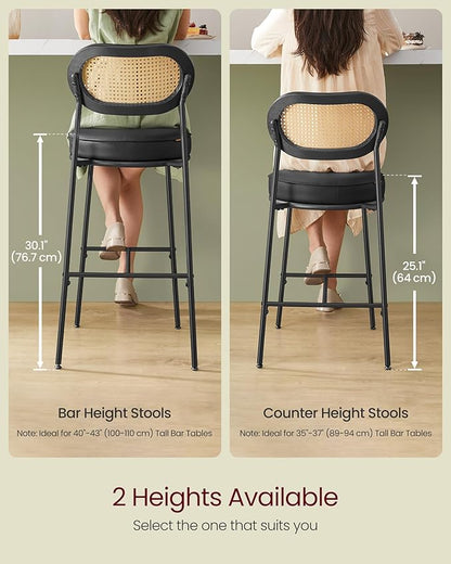 VASAGLE Bar Stools Set of 2, Bar Height Stools with Rattan Back and Metal Legs, 30.1-Inch Tall Counter Chairs, Modern Leather Upholstered Barstools for Kitchen Island Dining Room, Ink Black