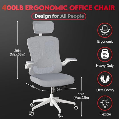 Ergonomic Office Chair - 400LB Comfy Desk Chairs with Adjustable Headrest and Lumbar Back Support, Mesh Computer Chairs with Wheels and Arms for Home Office, Study, Bedroom and Dorm (04grey)