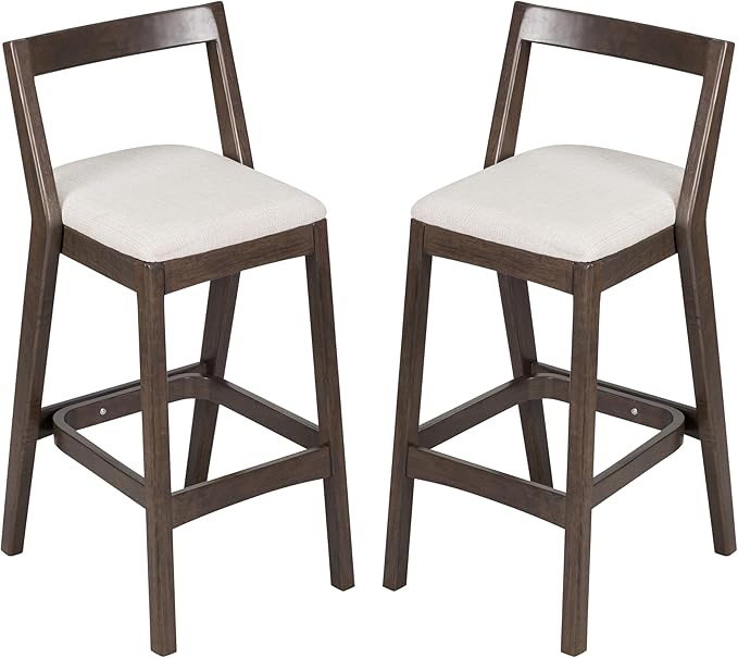 Christopher Knight Home Yone Counter Height Bar Stools Set of 2, Comfy Fabric Upholstered Bar Stool for Kitchen Island, Wooden Dining Room Chair, Barstools with Footrest/Backrest, Beige + Dark Brown