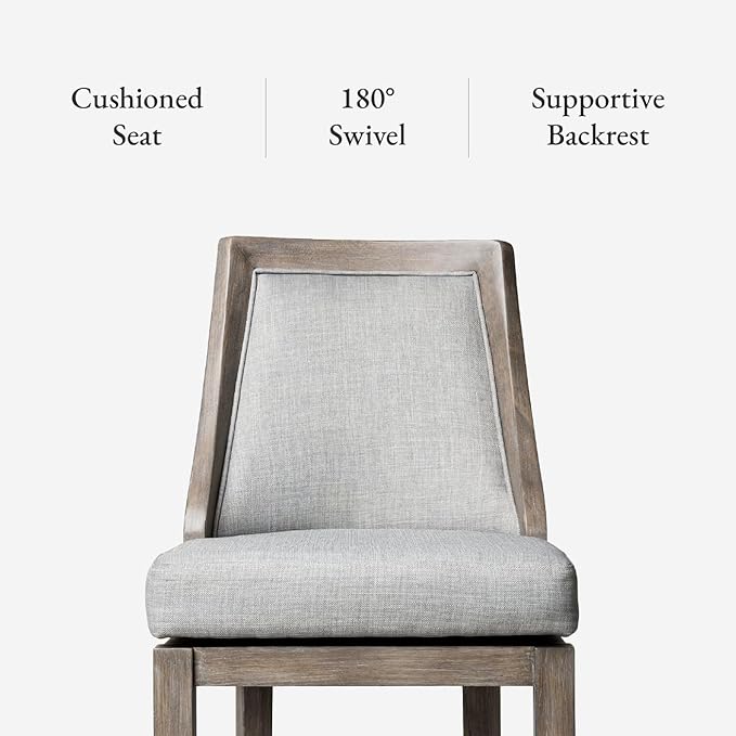 Maven Lane Vienna Counter Stools 26 Inches – Set of 3 – Swivel Stools with Footrests – Grey Solid Wood and Grey Fabric Upholstery – Ideal for Kitchen Islands and Counters