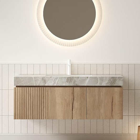 48 Inch Floating Bathroom Vanity with Sink, Wall-Mounted Bathroom Vanity with Drawer and 2 Doors, Light Gray Sintered Stone Countertop and Ceramic Basin, Pre-Assembled, White Oak Woodgrain