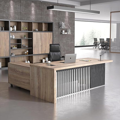 70.87 Inch L Shaped Executive Office Desk with 2 Drawers, Modern Home Office Desk with File Cabinet, Business Furniture w/Stand Under Desk Storage Organizer with 4 Wheels