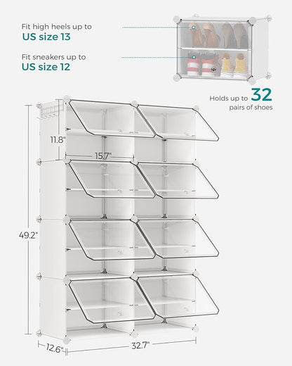 SONGMICS Shoe Rack Organizer, 8-Tier Shoe Storage Cabinet for Closet and Entryway, Holds 32 Pairs of Shoes, Adjustable, Cloud White and Trasparent ULPC034W01