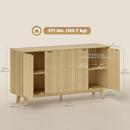 HOMCOM Fluted Sideboard Buffet Cabinet, 55" Modern Accent Console Cabinet with 4 Doors, 2 Adjustable Shelves and 5 Wood Legs, Oak