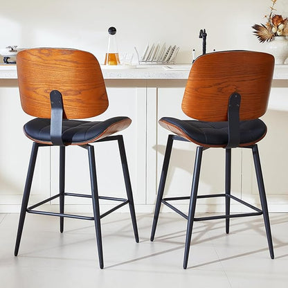 Mid Century Modern Bar Stools Set of 2 for Kitchen Island,Upholstered Black Faux Leather Counter Height stools,26 Inch Counter stools with Walnut Grain Back