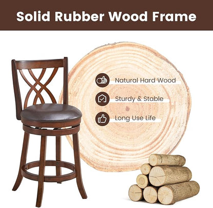 COSTWAY Bar Stools Set of 2, 360° Swivel Chairs with Rubber Wood Frame, 26 Inches PU Leather Cushioned Seat and Footrests, for Kitchen Island, Dining Room, Bar (Brown-26 inches, 2 stools)