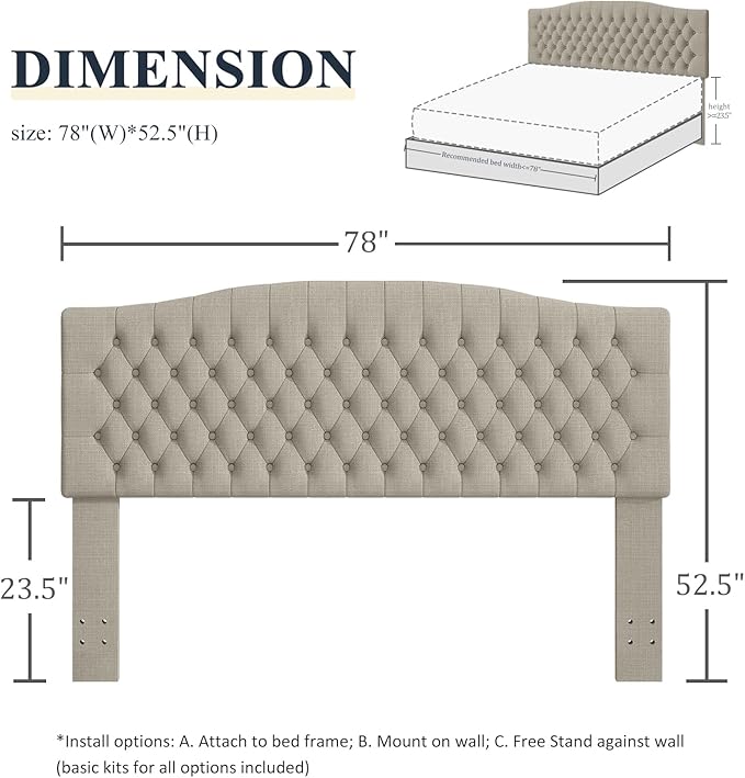 King Headboard Only, Upholstered Headboard King for Adjustable Bed Linen Tufted Calking Size Wall Mounted Head Board with Solid Wood Legs Head Board, Linen