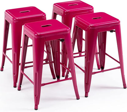 Vogue Furniture Direct 24 Inch Bar Stools Backless Metal Barstools Indoor-Outdoor Counter Height Stools with Square Seat, Set of 4 (Hot Pink)