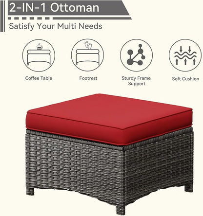 Patio Conversation Set 5-PCS Wicker Outdoor Furniture Conversation Set with 3-Seat Sofa, 2 Armchair, 2 Ottoman Patio Rattan Wicker Sectional Sofa Set with Olefin Cushion, Red