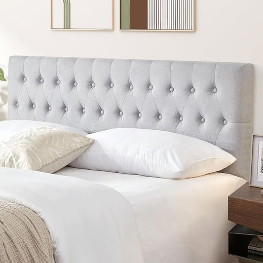 Kingfun Tufted Upholstered Full Size Bed Headboard in Modern Button Design, Adjustable Solid Wood Head Board, Premium Linen Fabric Padded Headboards in Bedroom (Grey)