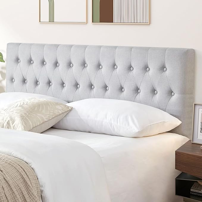 Kingfun Upholstered Tufted Twin Bed Headboard in Modern Button Design, Adjustable Solid Wood Head Board, Premium Linen Fabric Padded Headboards in Bedroom, Grey