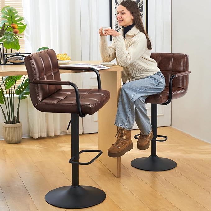 Furniliving Bar Stools Set of 2 with Back, Modern Square PU Leather Kitchen Stools with Armrest, Adjustable Counter Height Barstools for Kitchen Bar Pub Cafe (Darkbrown)