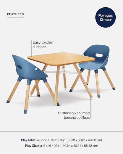 Lalo The Play Kit - Kids Table & Chairs Set with Sustainably Sourced Wood Table & 2 Non-Toxic Bucket Seat Chairs - Safe & Comfortable - Natural/Blueberry