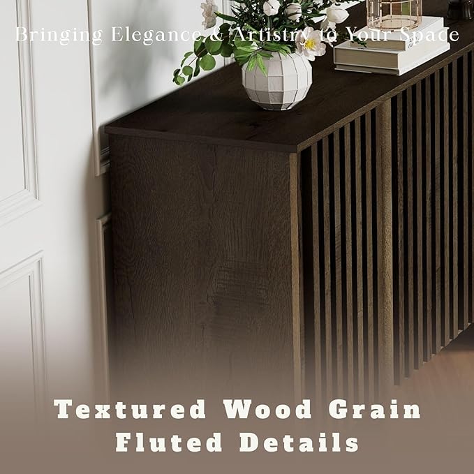 LukeAlon Fluted Sideboard Cabinet with Storage, 65" Mid-Century Modern Accent Buffet Cabinet, Wooden Credenza Cabinets for Living Room Dining Room Entryway Hallway, Walnut Color
