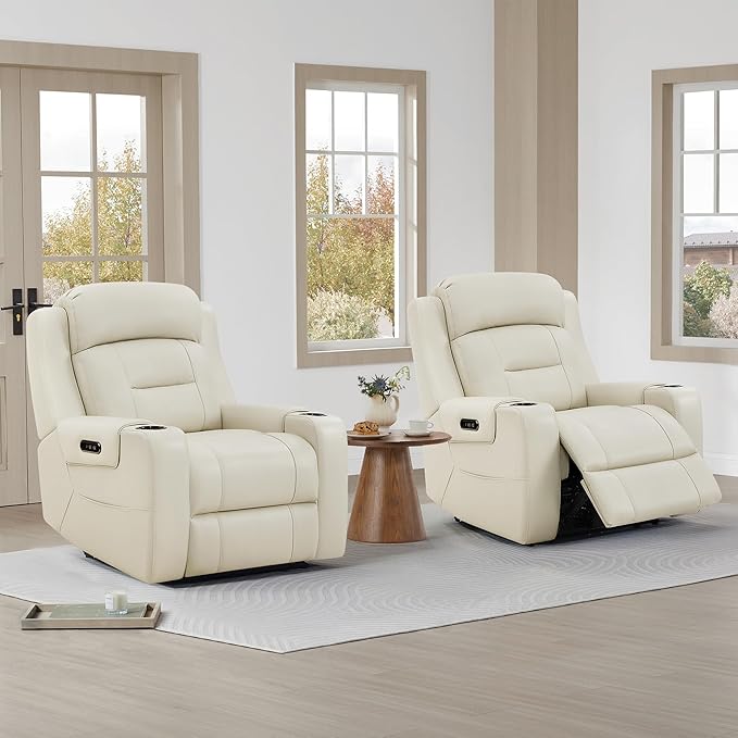 Watson & Whitely Oversized Genuine Leather Power Recliner Chairs for Big and Tall, Extra Wide Lay Flat Recliner with Power Headrest & Cup Holders, Electric Reclining Sofa for Living Room, Cream