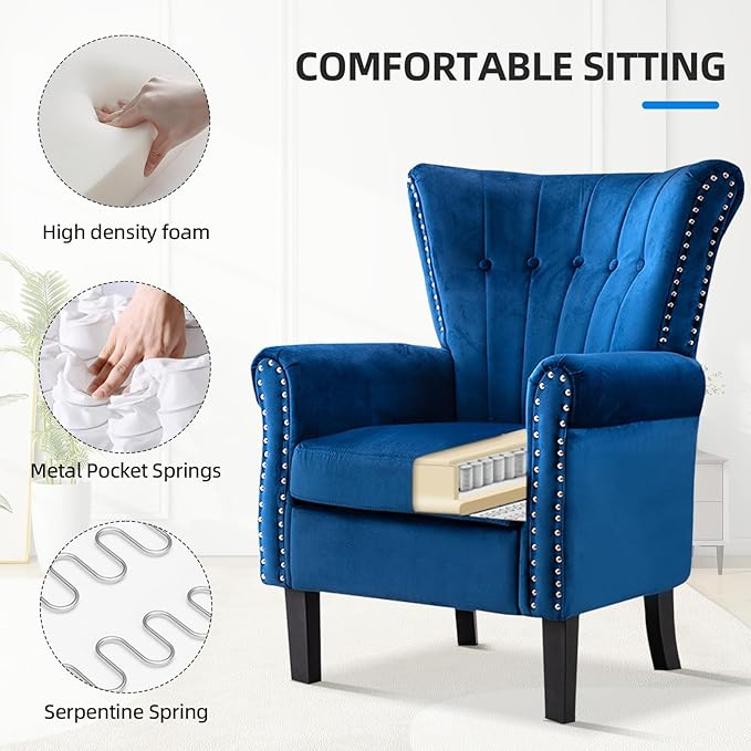 Velvet Accent Chair Single Modern Armchair with Riveted Decorative Mid-Century High Back Reading Chair Sturdy Sofa Chair for Living Room Bedroom Home Office (Blue)