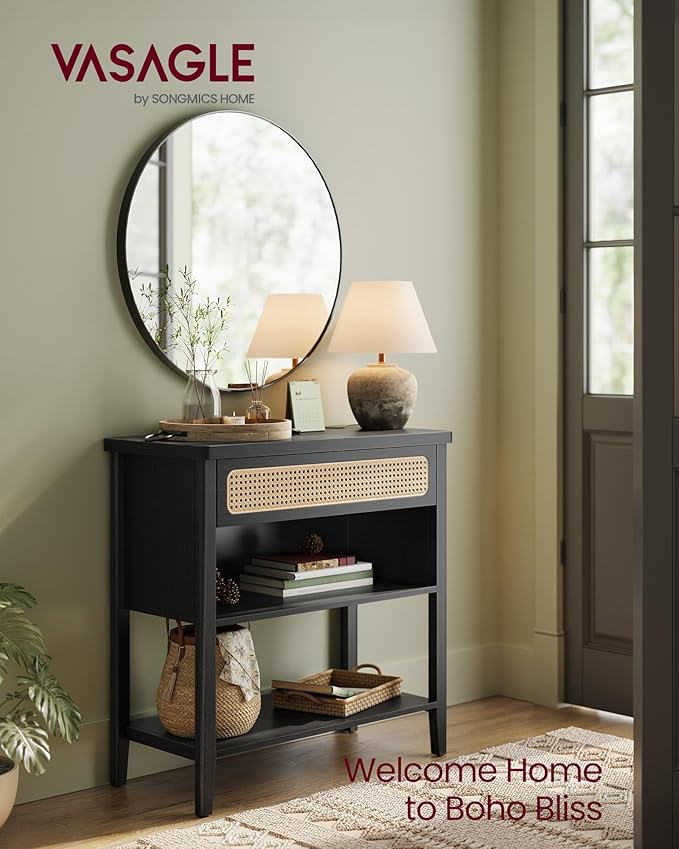 VASAGLE Console Table with Power Outlets, Entryway Table with Storage Shelf, Sofa Table with Drawer, Open Compartment, Rounded Corners, for Living Room, Boho Style, Ash Black ULNT140B21