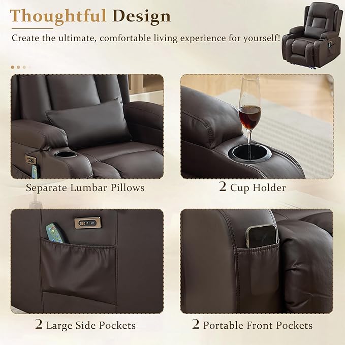 URRED Power Recliner Chair with Massage and Heat for Adults, Electric Reclining Sofa Home Theater Seating with Ambient Light, USB Ports, Cup Holders, Side Pockets, Pillow, Faux Leather, Brown