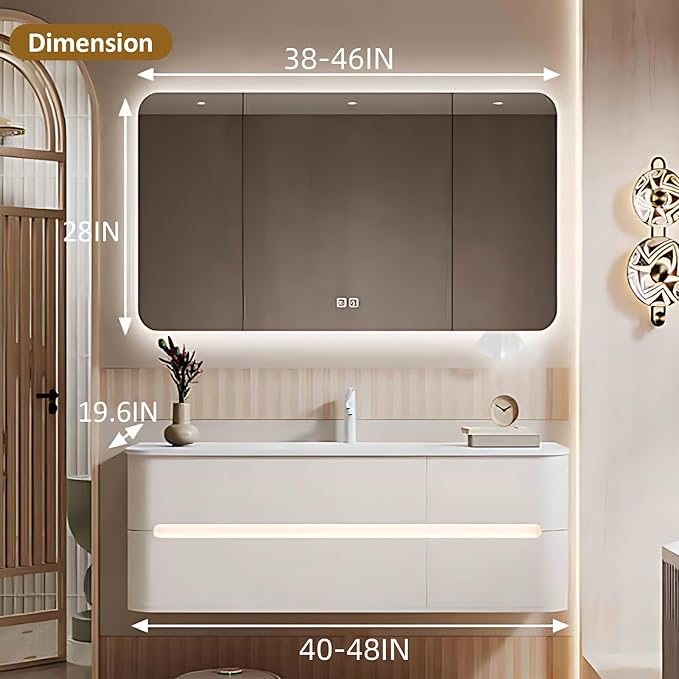 48IN Bathroom Vanity - Bathroom Vanity with Sink with Intelligent Induction Light | Wall-Mounted Bathroom Vanity with Intelligent LED Mirror Cabinet & 6 Drawers, Cream Color