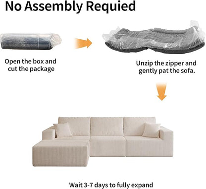 110" Boneless Cloud Sectional Couch for Living Room, Compressed Modular L-Shaped Sofa with Deep Seat, Frameless Corduroy Couch in Boxes, No Assembly Required 3-Seater (Left-Facing Chaise, Beige)