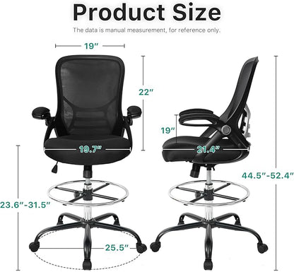 HYLONE Drafting Chair Tall Office Chair High-Back Mesh Standing Desk Stool with Adjustable Footrest Ring and Flip-Up Arms (Black)