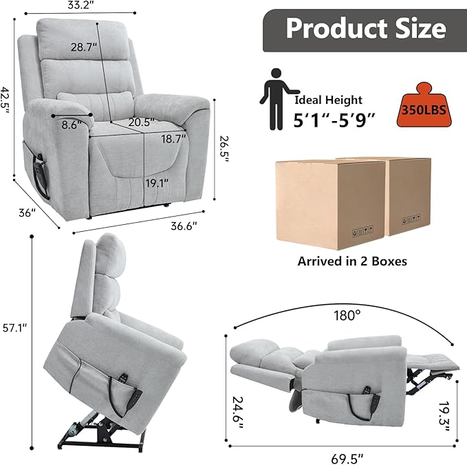 PELUMY Power Lift Recliner Chair for Elderly with Massage and Heat, Dual Motor Heavy Duty 350lbs Recliner, 8-Point Vibration & Lumbar Heating, Electric Lift Chair (Chenille, Light Grey)