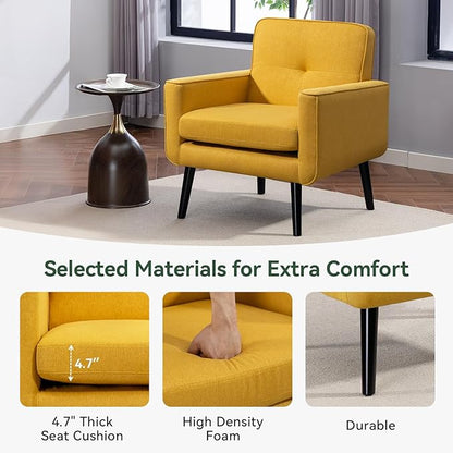 Mid Century Accent Chair, Fabric Modern Chair with Wooden Frame, Cozy Armchair Reading Chair with Comfy Back for Apartment, Living Room, Bedroom, Waiting Room, Small Space, Corner, Yellow