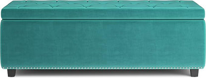 SIMPLIHOME Hamilton 48 inch Wide Traditional Rectangle Storage Ottoman in Aqua Blue Velvet Fabric, Assembled for the Living Room, Entryway and Family Room