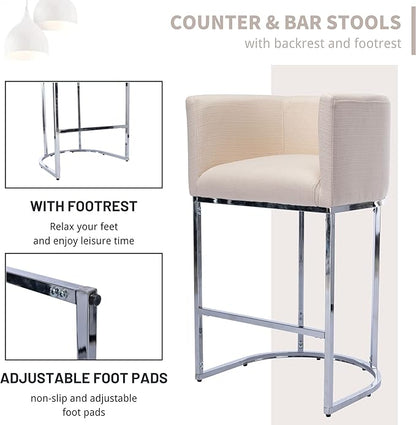 Contemporary Linen Bar Stools Set of 4, 29" Upholstered Fabric Counter Height Barstools Kitchen Counter Island Stools with Screwed Together Chrome Finish Base, Cream