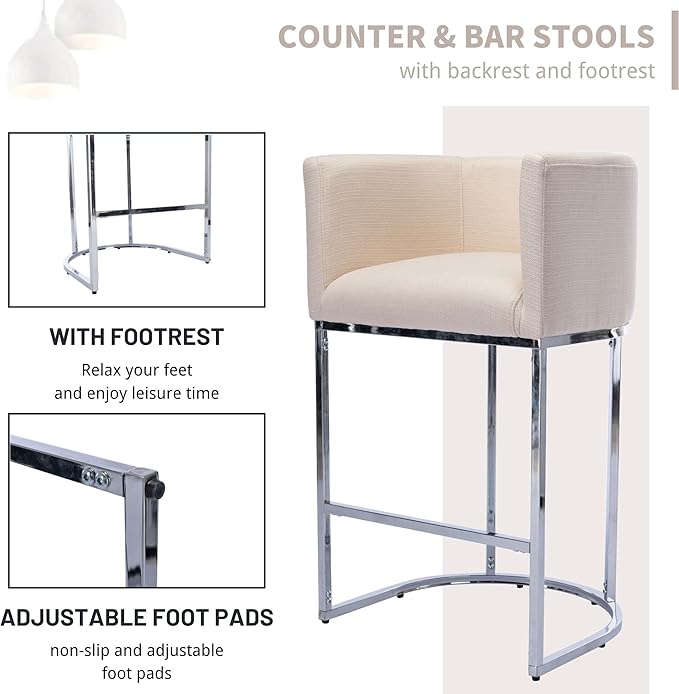 Contemporary Cream Linen Bar Stools Set of 2, 29" Upholstered Fabric Counter Height Barstools Kitchen Counter Island Stools with Screwed Together Chrome Finish Base