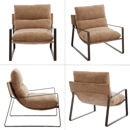 Mid-Century Accent Chair, Comfy Chenille Fabric Side Chair with Armrest, Upholstered Leisure Chair with Bronze Metal Frame for Living Room Reception Room, 1PC, Khaki