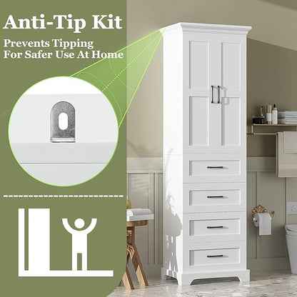 Tall Freestanding Storage Cabinet with 2 Doors & 3 Drawers, Multi-Purpose Organizer with Adjustable Shelf for Bathroom, Office, Living Room, White