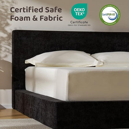 RECCI Cloud Upholstered Queen Bed Frame with Headboard, 5 Inch Foam Padded Platform, No Box Spring, Easy Assembly (Onyx)