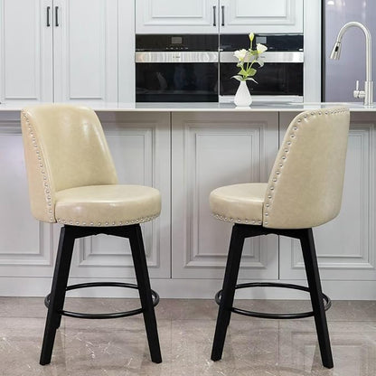 MINCETA Bar Stool, PU Leather Barstool, 26 Inch Upholstered Counter Stool with High Back and Footrest, Swivel Counter Height Barstool for Kitchen Island Home Bar Khaki
