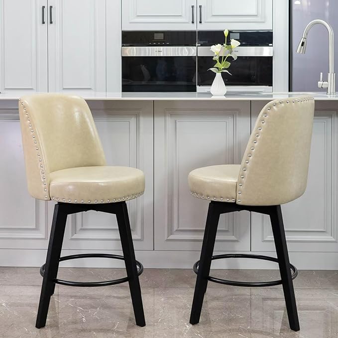 MINCETA Bar Stools Set of 4, PU Leather Barstools, 26 Inch Upholstered Counter Stools with High Back and Footrest, Swivel Counter Height Barstools for Kitchen Island Home Bar Khaki