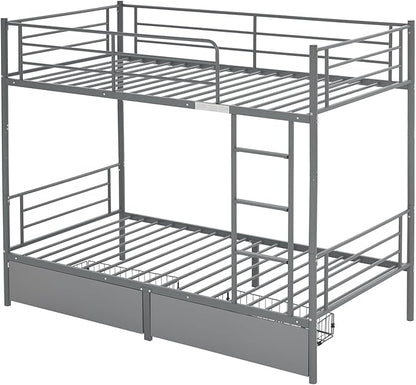 Karl home Grey Bunk Bed Twin Over Twin with 2 Storage Drawers, Metal Bunk Bed with Built-in Ladder and Safety Guardrail, Space-Saving Twin Bunk Beds for Kids, Teens & Adults, No Box Spring Needed