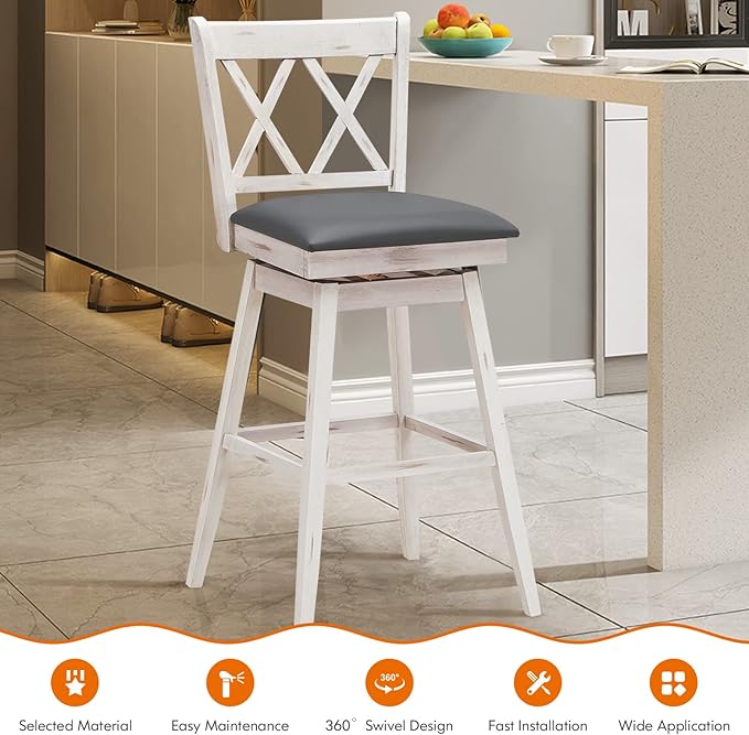 COSTWAY Bar Stool Set of 4, 360 ° Swivel Bar Height 29.5 inch Bar Stool with Foot Rest Upholstered Cushion & Ergonomic Backrest, Sturdy Frame, for Pub, Restaurant, Home (4, Antique White + Grey)