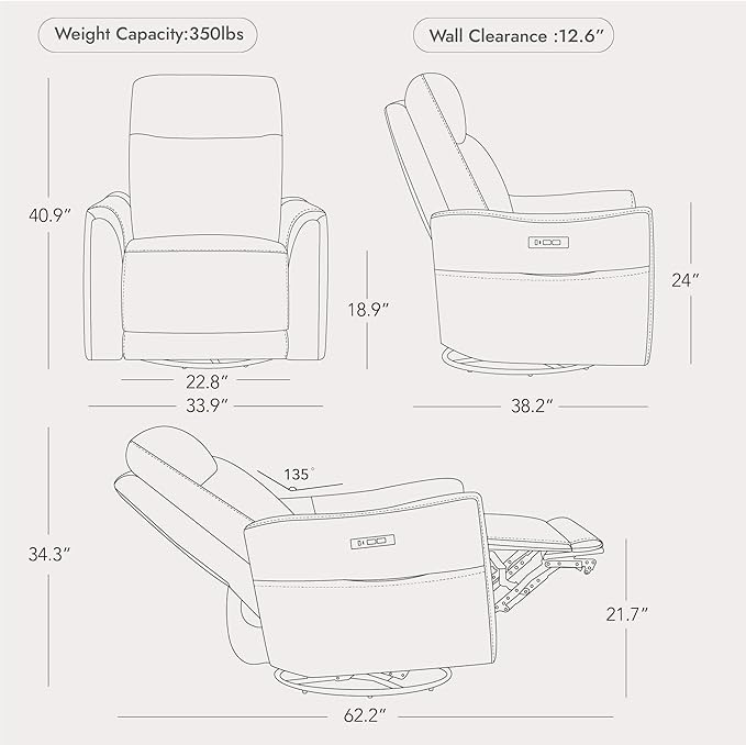 Watson & Whitely Genuine Leather Power Recliner Chairs for Adults, Swivel Glider Recliner Chair for Living Room with Charging Ports, Light Grey