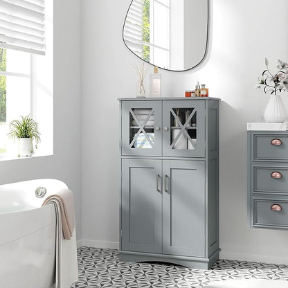 Giantex Bathroom Floor Storage Cabinet - Linen Floor Cabinet with Doors and Adjustable Shelves, Freestanding Side Storage Organizer for Bathroom, Living Room, Entryway, Kitchen Storage Unit (Grey)