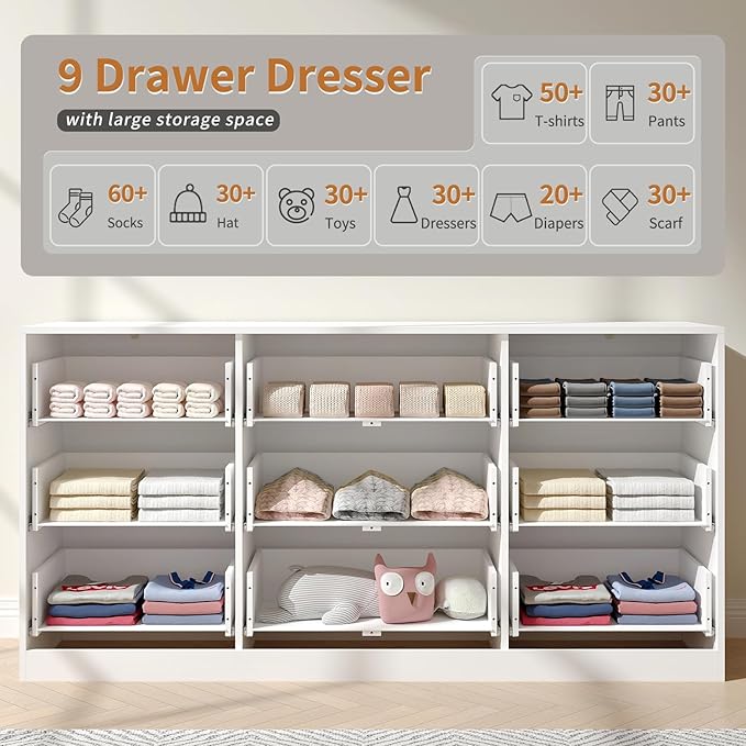 White Dresser for Bedroom with 9 Drawers, 63” Wide White Fluted Dresser Modern Chest of Drawers with Gold Handles, Wooden TV Stand Storage Organizer for Bedroom, Living Room