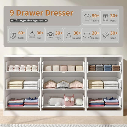 White Dresser for Bedroom with 9 Drawers, 63” Wide White Fluted Dresser Modern Chest of Drawers with Gold Handles, Wooden TV Stand Storage Organizer for Bedroom, Living Room