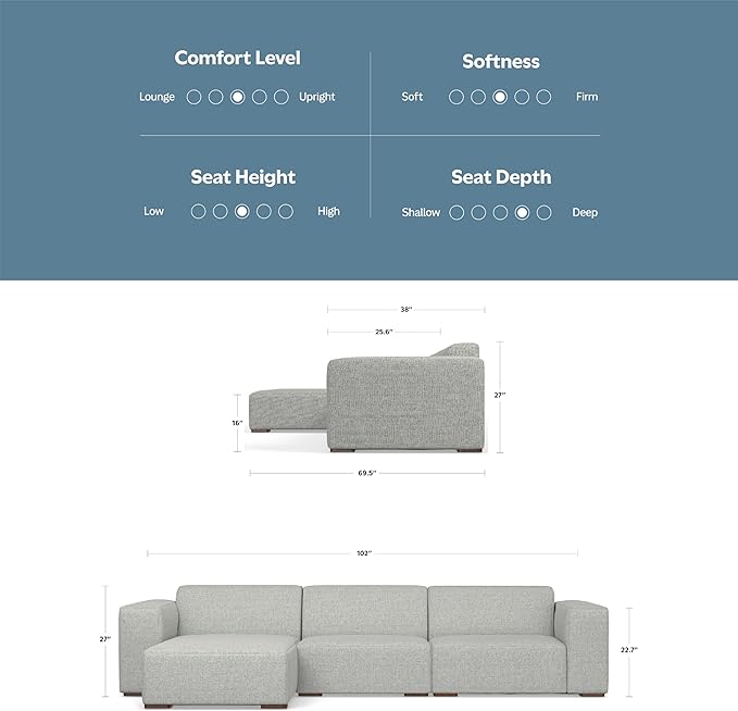 SIMPLIHOME Rex Left-Facing Modular Sectional Sofa in 100% Recycled Polyester Tightly Woven Performance Fabric, Pale Grey, 102-inches Wide, 4-Seater L-Shaped Couch with Left Chaise for Living Room